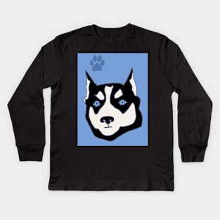 Funny Siberian Husky with Paw Prints Kids Long Sleeve T-Shirt